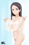 black_hair blue_eyes blush breasts collarbone glasses goshiki_(cham_darc) groin highres large_breasts navel nipples nude pubic_hair saitou_kaede_(yama_no_susume) see-through simple_background smile solo yama_no_susume 