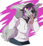  2016 5_fingers abstract_background anthro biped black_claws black_hair black_nose canine citrinelle claws clothed clothing digital_media_(artwork) dog ear_tuft fangs fluffy fluffy_tail front_view fur grey_clothing grey_fur grey_tail grey_topwear hair half-length_portrait highlights hoodie husky hybrid inner_ear_fluff jewelry lance_(radiantblaze) long_tongue male mammal multicolored_hair necklace orange_eyes portrait purple_hair purple_highlights signature snout solo teeth tongue tongue_out tuft two_tone_hair wolf wusky 