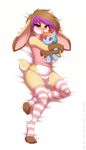  2017 anthro bed blush bulge chracter:kyoho clothed clothing friendship_is_magic fur girly hair half-closed_eyes lagomorph legwear looking_at_viewer lying male mammal multicolored_hair my_little_pony on_back on_bed panties purple_eyes rabbit rainbow_dash_(mlp) re-sublimity-kun shirt solo stockings striped_legwear striped_stockings stripes toy underwear 