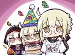  /\/\/\ 3girls :o artoria_pendragon_(all) bangs birthday_cake black_jacket blonde_hair brown_eyes cake commentary_request diagonal_stripes eyebrows_visible_through_hair fate/grand_order fate_(series) food glasses gym_shirt hair_between_eyes hat holding holding_plate holding_shirt jacket kasuga_yuuki long_sleeves multiple_girls mysterious_heroine_x_(alter) name_tag parted_lips party_hat party_popper plate red_scarf scarf shirt short_sleeves sidelocks striped striped_hat track_jacket translation_request wavy_mouth white_shirt 