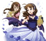  ahoge aopanda bare_shoulders blue_dress blush book braid brown_eyes brown_hair commentary_request dress earrings freckles glasses gloves hair_ornament hairband hairclip holding holding_book idolmaster idolmaster_cinderella_girls jewelry long_hair okuyama_saori open_mouth shawl smile twin_braids 