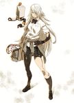  alternate_costume bag black_bow blue_eyes bow clothes_around_waist commentary hair_over_one_eye hand_on_hip jacket_around_waist kneehighs loafers long_hair mole mole_under_mouth nier_(series) nier_automata plaid plaid_skirt pleated_skirt pod_(nier_automata) school_bag school_uniform shoes short_sleeves simple_background skirt tasaka_shinnosuke very_long_hair white_hair wristband yorha_type_a_no._2 