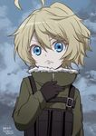  ahoge blonde_hair blue_eyes gloves hair_between_eyes jacket long_sleeves looking_at_viewer military military_uniform ragho_no_erika short_hair solo tanya_degurechaff uniform youjo_senki 