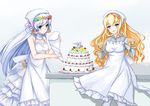  absurdres apron bare_arms bare_shoulders birthday_cake blonde_hair blue_eyes blue_hair braid brown_gloves cake choker clenched_hands cream crown_braid dress flower food frilled_dress frills gathers glorious_(zhan_jian_shao_nyu) gloves gradient gradient_background grey_shirt hair_flower hair_ornament highres holding hood mittens multiple_girls open_mouth pantyhose shirt smile squeezing standing staring table two-handed unicorn_(zhan_jian_shao_nyu) wavy_hair white_choker white_dress wreath xinghuajian zhan_jian_shao_nyu 