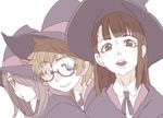  brown_eyes brown_hair closed_mouth commentary_request glasses green_eyes hair_over_one_eye hat kagari_atsuko lips little_witch_academia long_hair looking_at_viewer lotte_jansson multiple_girls open_mouth pale_color purple_eyes semi-rimless_eyewear short_hair simple_background smile sucy_manbavaran tasaka_shinnosuke under-rim_eyewear white_background witch_hat 