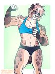  2017 5_fingers abs anthro biceps black_bottomwear black_clothing black_fur black_nose black_panties black_tail black_underwear blue_bra blue_clothing blue_eyes blue_topwear blue_underwear border bra breasts brown_fur brown_spots brown_tail cellphone cheek_tuft claws cleavage clothed clothing digital_media_(artwork) fangs feline female fingerless_(marking) flexing flynx-flink front_view fur gloves_(marking) green_background grey_claws hair holding_object holding_phone mammal markings multicolored_fur multicolored_tail muscular muscular_female outside_border panties phone pink_hair portrait saber-toothed_cat sabertooth_(feature) selfie short_hair signature simple_background smile solo spots spotted_fur standing tan_fur three-quarter_portrait tomboy tuft two_tone_tail underwear whiskers white_border white_fur 