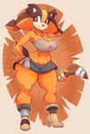  2017 anthro badger big_breasts blue_eyes boomerang breasts cleavage clothed clothing eyebrows eyelashes female footwear hand_on_hip hi_res holding_object jaeh mammal midriff mustelid navel skirt smile solo sonic_(series) sonic_boom sticks_the_jungle_badger wide_hips 