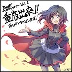  belt black_border black_hair border cape collar commentary frilled_collar frilled_skirt frilled_sleeves frills iesupa multicolored_hair pantyhose petals red_hair ruby_rose rwby signature silver_eyes skirt solo translation_request 