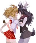  :q animal_ears antlers black_hair blonde_hair breast_press breasts crossed_arms eye_contact forehead-to-forehead fur_collar grey_legwear hair_between_eyes hands_on_hips kemono_friends large_breasts lion_(kemono_friends) lion_ears lion_tail long_hair long_sleeves looking_at_another mirai_denki moose_(kemono_friends) moose_ears moose_tail multiple_girls necktie orange_eyes pantyhose plaid plaid_neckwear plaid_skirt pleated_skirt purple_eyes red_neckwear red_skirt short_sleeves simple_background skirt smile symmetrical_docking tail thighhighs tongue tongue_out white_background white_legwear 