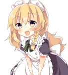  :d alternate_costume apron blonde_hair blush bow bowtie braid commentary dress enmaided fang happy highres kirisame_marisa leaning_forward long_hair looking_at_viewer maid no_hat no_headwear open_mouth single_braid smile solo touhou v_arms yellow_eyes yorurumo 