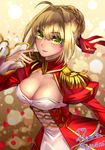  blonde_hair breasts cleavage dated epaulettes fate/extra fate_(series) green_eyes hair_ribbon highres large_breasts looking_at_viewer nero_claudius_(fate) nero_claudius_(fate)_(all) ribbon ryuki@maguro-ex smile 