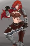  armor belt breasts cleavage dual_wielding feet_out_of_frame gauntlets gloves green_eyes high_collar highres holding holding_sword holding_weapon katarina_du_couteau knife large_breasts league_of_legends leg_lift lips long_hair looking_at_viewer midriff navel over_shoulder pants patrickdja red_hair scar scar_across_eye shoulder_armor smile solo spaulders spikes standing standing_on_one_leg stomach sword sword_over_shoulder tattoo weapon weapon_over_shoulder 