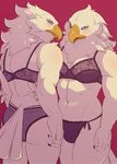  2017 anthro avian beak bird blue_eyes blush bulge clothed clothing crossdressing duo feathers hair korosuke male open_mouth panties simple_background underwear 