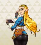  ass bespectacled blonde_hair commentary_request eyebrows fingerless_gloves glasses gloves green_eyes hair_ornament hairclip highres hips long_hair looking_at_viewer looking_back open_mouth pointy_ears princess_zelda sheikah_slate solo the_legend_of_zelda the_legend_of_zelda:_breath_of_the_wild thighs wide_hips yakibuta_(shimapow) yellow-framed_eyewear 