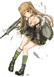  blush brown_hair bullpup choker dog_tags double_bun fingerless_gloves full_body fur-trimmed_jacket fur_trim girls_frontline gloves green_eyes gun jacket kel-tec kel-tec_rfb long_hair looking_at_viewer rfb_(girls_frontline) rifle smile solo strap_slip tank_top unitsu weapon 