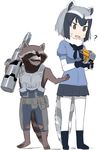  :d ? animal_ears commentary_request common_raccoon_(kemono_friends) crossover gloves gochou_(atemonai_heya) guardians_of_the_galaxy gun jpeg_artifacts kemono_friends open_mouth pantyhose raccoon raccoon_ears raccoon_tail rocket_raccoon simple_background skirt smile standing sweatdrop tail trait_connection v-shaped_eyebrows weapon white_background white_legwear 