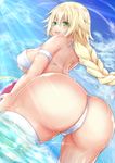  1girl ass bikini blonde_hair blush braid breasts curvy erect_nipples fate/apocrypha fate/grand_order fate_(series) from_behind from_below green_eyes huge_ass large_breasts long_hair looking_at_viewer looking_back looking_down open_mouth ruler_(fate/apocrypha) shiny shiny_hair shiny_skin sideboob single_braid smile solo swimsuit very_long_hair wide_hips yotunoha 