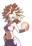  arm_at_side armband armpits bandeau bare_shoulders big_hair blonde_hair blue_eyes breasts caulifla cleavage collarbone commentary_request cowboy_shot dragon_ball dragon_ball_super eyelashes grin groin hair_intakes hand_on_hip large_breasts light looking_at_viewer midriff navel no_pupils pants purple_pants short_hair simple_background smile solo spiked_hair standing strapless super_saiyan teeth tell toned white_background 