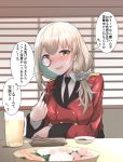  1girl alcohol beer beer_mug blush chopsticks commentary_request drunk girls_frontline grey_hair helianthus_(girls_frontline) highres military military_uniform monocle necktie pointing pointing_at_self solo speech_bubble take_(trude1945oneetyan) translation_request uniform 