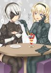  black_dress black_gloves black_hairband blindfold blonde_hair blue_eyes bow braid breasts brown_legwear cleavage cleavage_cutout covered_eyes cup dress feeding food fruit gloves hair_bow hairband hand_on_own_cheek highres juliet_sleeves long_hair long_sleeves medium_breasts multiple_girls nier_(series) nier_automata open_mouth operator_6o parfait plate puffy_sleeves short_hair silver_hair sitting spoon spoon_in_mouth strawberry table teacup thighhighs translated twin_braids veil yasojima_nejiro yorha_no._2_type_b 