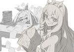  &gt;_&lt; adjusting_eyewear bespectacled book book_stack cagliostro_(granblue_fantasy) clarisse_(granblue_fantasy) closed_eyes commentary_request crying glasses gochou_(atemonai_heya) granblue_fantasy grin hands_on_own_head jpeg_artifacts long_hair monochrome multiple_girls open_book papers rectangular_mouth sketch smile streaming_tears tears 