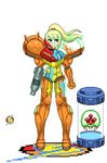  alien arm_cannon armor arms_at_sides blonde_hair blue_eyes bodysuit closed_mouth commentary_request full_body logo long_hair looking_to_the_side mark_(mark_apilado_5) materializing metroid metroid_(creature) pixel_art ponytail power_armor power_suit samus_aran serious shoulder_pads standing transparent_background varia_suit weapon zero_suit 