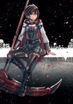  anonamos belt_boots black_footwear black_legwear boots breasts brown_hair cleavage cloak crescent_rose dress highres hood hooded_cloak knee_boots long_sleeves medium_breasts pleated_skirt ruby_rose rwby scythe short_hair silver_eyes skirt smile solo thighhighs zettai_ryouiki 