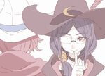  blue_hair closed_mouth dual_persona finger_to_mouth glasses hat little_witch_academia long_hair looking_at_viewer multiple_girls pale_color red_eyes shiny_chariot shushing simple_background smile spoilers tasaka_shinnosuke ursula_charistes white_background white_hat witch witch_hat 