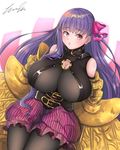  1girl bare_shoulders black_legwear breasts collar fate/extra fate/extra_ccc fate/grand_order fate_(series) female gauntlets hair_ornament hair_ribbon huge_breasts long_hair multicolored_eyes pantyhose passion_lip purple_hair red_eyes ribbon shorts sitting solo thighs very_long_hair weapon yuuyu_(sun_yuu) 