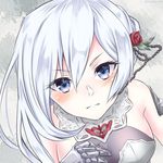  bare_shoulders blue_eyes blush flower gauntlets hair_flower hair_ornament highres kankitu_iyo looking_up sinoalice snow_white_(sinoalice) solo white_hair 