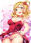  bare_shoulders blonde_hair blush braid breasts cleavage commentary crown_braid dress dress_lift floral_print flower hair_flower hair_ornament hair_rings highres jewelry large_breasts legs_together lips long_hair looking_at_viewer love_live! love_live!_sunshine!! necklace ohara_mari open_mouth panties petals purple_panties red_dress shiny shiny_clothes shiny_hair shiny_skin smile solo sweat tem10 underwear yellow_eyes 