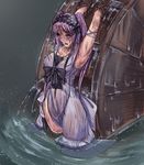  1girl bdsm bloomers blush dress euryale fate/grand_order fate_(series) hairband mill peril purple_eyes purple_hair restrained rope solo tagme twintails waterboarding wet wet_clothes wheel 