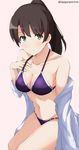  bangs banned_artist bare_shoulders bikini blunt_bangs blush breasts brown_eyes brown_hair cleavage collarbone commentary_request cosplay cowboy_shot eyebrows_visible_through_hair hand_on_own_chest kasumigaoka_utaha kasumigaoka_utaha_(cosplay) katou_megumi long_hair long_sleeves looking_at_viewer medium_breasts multi-strapped_bikini navel o-ring o-ring_top off_shoulder open_clothes open_shirt pink_background ponytail purple_bikini saenai_heroine_no_sodatekata shirt simple_background solo stomach swimsuit tareme tasora twitter_username white_shirt 