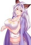  :d alternate_costume animal_ears blush breast_hold breasts brown_eyes cleavage collarbone commentary_request covered_nipples cowboy_shot erune etan14 granblue_fantasy groin hair_between_eyes hair_intakes hairband heles highres jacket_on_shoulders large_breasts long_hair looking_at_viewer open_mouth parted_lips purple_hairband silver_hair smile solo tank_top 