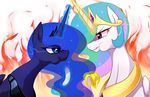  2017 angry banana blue_eyes blue_feathers blue_hair crown duo eating equine eye_contact feathered_wings feathers female feral fire food friendship_is_magic fruit hair horn jewelry magic mammal marenlicious multicolored_hair my_little_pony necklace princess_celestia_(mlp) princess_luna_(mlp) simple_background white_background white_feathers winged_unicorn wings 