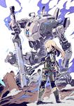  armor assault_rifle bad_id bad_pixiv_id blonde_hair blue_eyes breasts commentary_request electricity gun knife mecha pilot planted_sword planted_weapon pouch reverse_grip rifle robot rock ronin_(titanfall_2) size_difference small_breasts squatting sword tajima_ryuushi titanfall titanfall_2 weapon white_background 