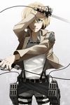  armin_arlert blonde_hair blue_eyes brown_jacket cowboy_shot dress_shirt dual_wielding emblem grey_background grey_pants highres holding holding_sword holding_weapon jacket looking_at_viewer male_focus open_clothes open_jacket otton pants paradis_military_uniform shingeki_no_kyojin shirt solo standing survey_corps_(emblem) sword three-dimensional_maneuver_gear weapon white_shirt 