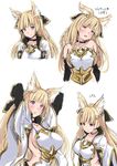  animal_ears armor armpits arms_up bangs bare_shoulders blonde_hair blush braid breasts cloak elbow_gloves erune gloves granblue_fantasy hair_ribbon kimura_neito large_breasts long_hair looking_at_viewer open_mouth purple_eyes ribbon sideboob simple_background smile solo translation_request very_long_hair white_background yuisis_(granblue_fantasy) 