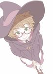  blush boots broom broom_riding brown_hair closed_mouth commentary freckles glasses green_eyes hat little_witch_academia long_sleeves looking_at_viewer looking_up lotte_jansson pale_color riding robe semi-rimless_eyewear short_hair simple_background smile solo tasaka_shinnosuke under-rim_eyewear white_background witch witch_hat 
