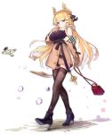  1girl :d alternate_costume azur_lane bag bangs bare_shoulders black_footwear black_legwear black_sweater blonde_hair blue_eyes blush breasts breathing brown_coat casual coat coat_dress cross cross_necklace eyebrows_visible_through_hair full_body hair_ornament hair_ribbon hairclip hand_up high_heels holding holding_bag jewelry kaede_(003591163) large_breasts laurel_crown long_hair looking_at_viewer necklace off_shoulder official_art open_mouth ribbed_sweater ribbon scarf sidelocks smile solo sweater sweater_vest thighhighs transparent_background very_long_hair victorious_(azur_lane) walking 
