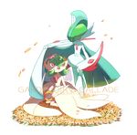  1boy 1girl artist_name cape character_name dated english eyes_closed flower flower_bed flower_on_head flower_wreath gallade gardevoir green_hair happy kneeling looking_up mega_gallade mega_gardevoir mega_pokemon no_humans nomura open_mouth petals pink_flower pokemon pokemon_(creature) pokemon_dppt pokemon_rse red_eyes short_hair simple_background smile standing text transparent_background veil wreath yellow_flower 