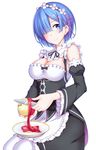  apple apron black_dress black_ribbon blue_eyes blue_hair blush breasts cleavage closed_mouth commentary_request detached_sleeves dress etan14 food frilled_sleeves frills from_side fruit hair_ornament hair_over_one_eye hair_ribbon highres knife long_sleeves looking_at_viewer looking_to_the_side maid maid_apron maid_headdress medium_breasts peeling pink_ribbon plate re:zero_kara_hajimeru_isekai_seikatsu rem_(re:zero) ribbon ribbon-trimmed_clothes ribbon_trim short_hair sitting smile solo underbust wide_sleeves x_hair_ornament 