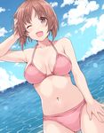  ;d arm_up bangs bare_arms bikini blush breasts brown_hair cloud collarbone commentary day dutch_angle eyebrows_visible_through_hair girls_und_panzer hand_on_own_head hand_on_own_leg hasu_(hk_works) legs_apart looking_at_viewer medium_breasts navel nishizumi_miho one_eye_closed open_mouth outdoors parted_bangs pink_bikini shiny shiny_skin short_hair sky smile solo standing swimsuit water 