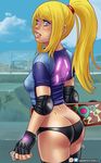  ass blonde_hair blush cowboy_shot highres lips long_hair looking_at_viewer metroid pablocomics panties ponytail samus_aran shirt skateboard solo underwear 