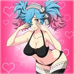  1girl arched_back ass bare_arms bare_shoulders black_bra black_panties bra breasts butt_crack cleavage fire_emblem fire_emblem_if hair_over_one_eye hair_ribbon heart highres large_breasts legs looking_at_viewer multicolored_hair navel panties pieri_(fire_emblem_if) red_eyes ribbon simple_background smile solo standing thighs underwear yuki_(12cut) 