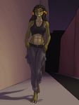  abs anthro clothed clothing dreadlocks female ikshun ldr outside reptile scalie solo walking wide_hips 