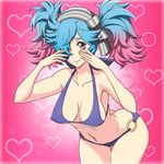  1girl arched_back ass bare_arms bare_legs bare_shoulders bikini blue_bikini breasts butt_crack cleavage collarbone erect_nipples fire_emblem fire_emblem_if hair_over_one_eye hair_ribbon heart highres large_breasts legs looking_at_viewer multicolored_hair navel pieri_(fire_emblem_if) red_eyes ribbon simple_background smile solo standing thighs yuki_(12cut) 