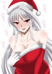  1girl ahoge asymmetrical_gloves bare_shoulders blush breasts christmas cleavage collarbone commentary_request dress elbow_gloves gloves hat heart heart-shaped_pupils large_breasts lyrical_nanoha mahou_shoujo_lyrical_nanoha mahou_shoujo_lyrical_nanoha_a&#039;s off-shoulder_dress off_shoulder red_eyes red_gloves red_hat reinforce santa_hat silver_hair solo symbol-shaped_pupils translation_request white_background white_gloves zerosu_(take_out) 