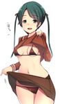  bikini breasts brown_bikini brown_serafuku brown_skirt cowboy_shot green_hair grey_eyes ippongui kantai_collection lifted_by_self long_hair micro_bikini mikuma_(kantai_collection) open_mouth school_uniform serafuku simple_background skirt skirt_lift small_breasts solo swimsuit swimsuit_under_clothes twintails white_background 