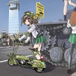  akiyama_yukari anglerfish black_gloves black_legwear black_neckwear blouse brown_eyes brown_hair building caterpillar_tracks day elbow_pads emblem girls_und_panzer gloves goggles goggles_on_headwear green_skirt ground_vehicle hasegawa_takemitsu helmet isobe_noriko kawanishi_shinobu knee_pads kondou_taeko long_sleeves m3_lee messy_hair military military_vehicle miniskirt motor_vehicle motorcycle multiple_girls neckerchief ooarai_(emblem) ooarai_(ibaraki) ooarai_marine_tower ooarai_school_uniform oono_aya outdoors panzerkampfwagen_iv pleated_skirt school_uniform serafuku skirt sky socks sportswear takebe_saori tank tiger_i type_89_i-gou volleyball_uniform walking_bike white_blouse 